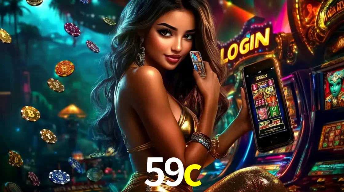 Mulher em um cenário de cassino temático de aventura, mostrando o app de caça-níqueis da 59c no celular. Fichas de apostas flutuam ao redor.