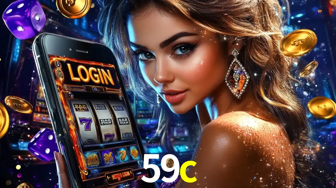 Mulher glamorosa segurando um smartphone com a tela de login para os jogos de caça-níqueis do cassino online 59c, com moedas de ouro e dados ao redor.