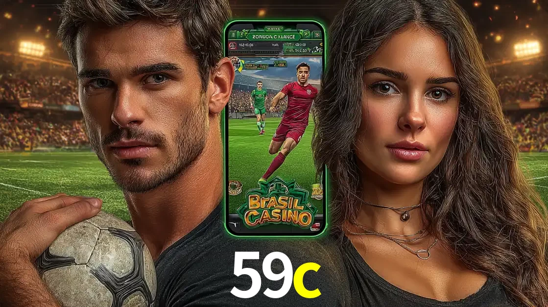 Homem segurando uma bola de futebol e uma mulher ao lado de um smartphone exibindo o jogo de apostas esportivas da 59c. Faça seu palpite no cassino online.